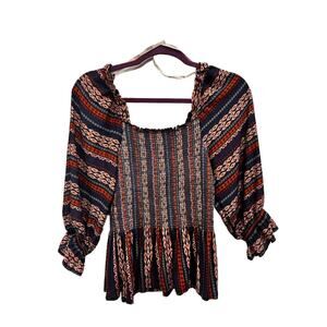 Les Serein Bourges Smocked Knit Top Womens Small Indigo Rayon Blend Boho Hippie